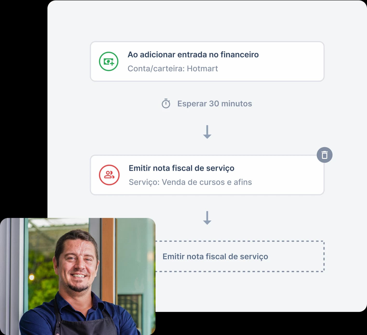 Homem olhando para você e sorrindo, na sua direita ao fundo